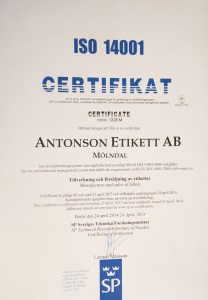 antonson etikett ISO 14001-certifikat